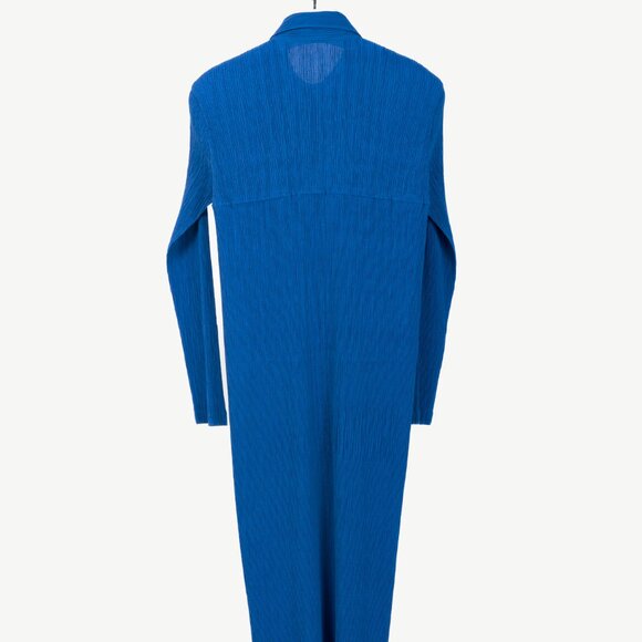 Issey Miyake Cobalt-Blue Pleated Long-Sleeve Buttoned Maxi Dress - Picture 2 of 8